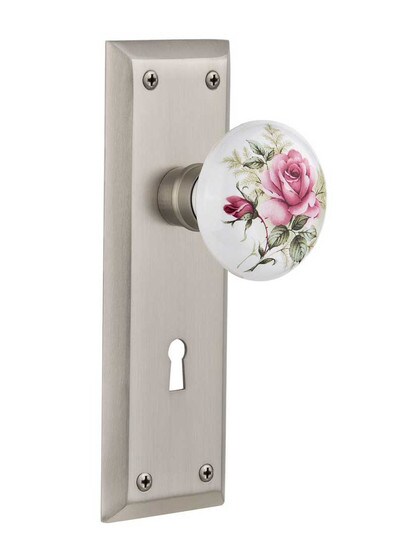 New York Plate with Rose Porcelain Knob with Keyhole in Satin Nickel.